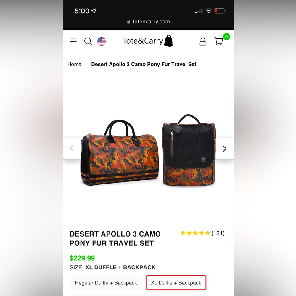 Vegan leather, like new CAMO duffel bag and backpack set
